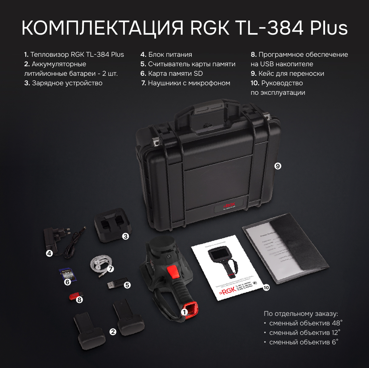 Тепловизор RGK TL-384 Plus с поверкой в комплекте с телеобъективами 12° и 6°